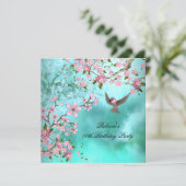 Blauwgroen vogelroze Aziatische bloesem Birthday P Kaart (Staand voorkant)