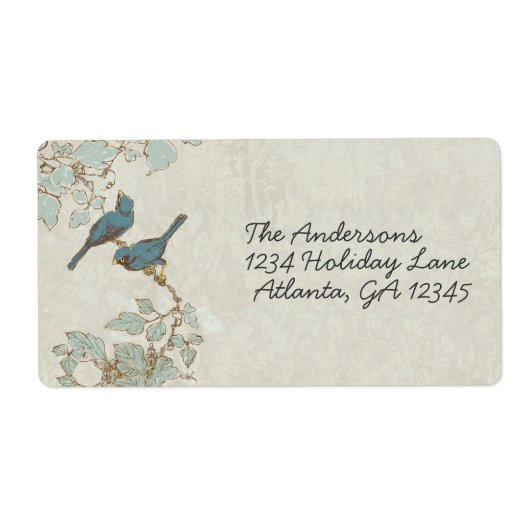 Blauwgroen Vogels Damask Bruiloft RSVP Label (Voorkant)