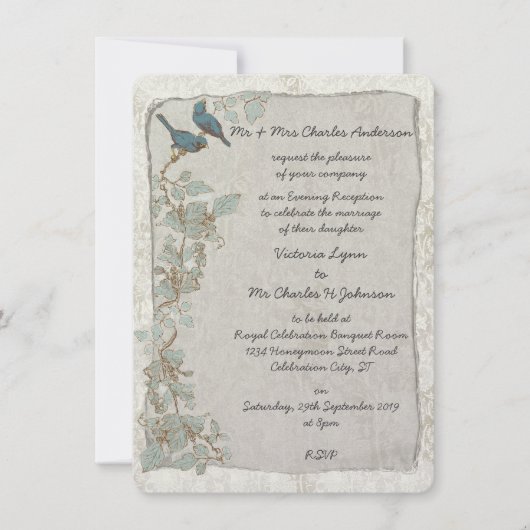 Blauwgroen vogels Damask Evening Reception Kaart (Voorkant)