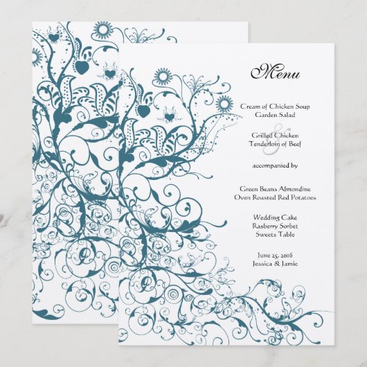 Blauwgroen Vogels en Swirls Bruiloft Menu (Voorkant / Achterkant)