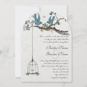 Blauwgroen vogels met vogelkooi en roze bloemen Kaart (Voorkant)