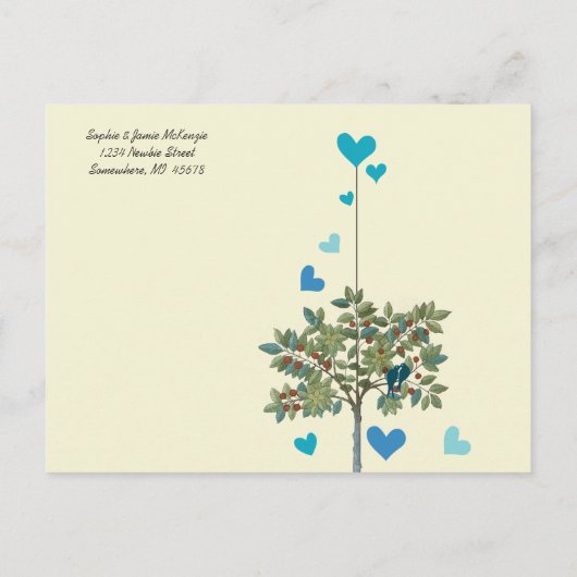  Blauwgroen vogeltjes die we hebben verplaatst Aankondigingskaart (Achterkant)