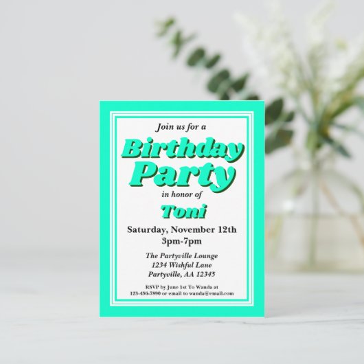 Blauwgroen volwassen geboorte in classy uitnodiging briefkaart (Staand voorkant)