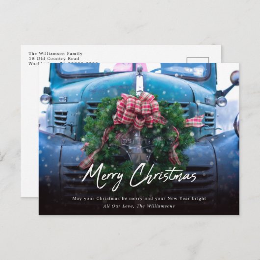 Blauwgroen vrachtwagen met krans Vrolijk Kerstfee Feestdagenkaart (Voorkant / Achterkant)