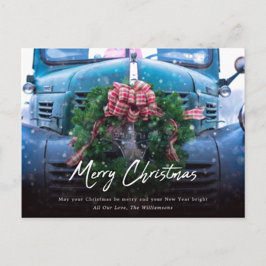 Blauwgroen vrachtwagen met krans Vrolijk Kerstfee Feestdagenkaart (Voorkant)