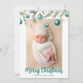 Blauwgroen vrolijke kerst Ornamenten Verticale fot Feestdagenkaart (Voorkant)