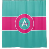 Blauwgroen warm roze monogram op maat douchegordijn (Voorkant)