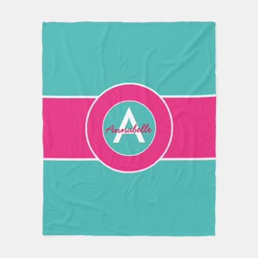 Blauwgroen warm roze monogram op maat fleece deken (Voorkant)