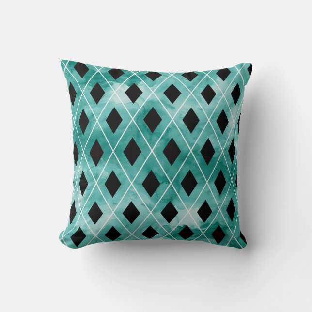 Blauwgroen Waterverf Argyle Pillow Kussen (Voorkant)
