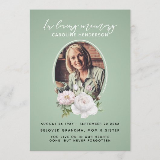 Blauwgroen Waterverf Bloemen Foto 2-pagina begrafe Programmakaart (Voorkant)