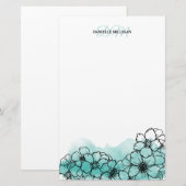 Blauwgroen Waterverf Bloemenlijn Kunstnaam Monogra Briefpapier (Voorkant / Achterkant)