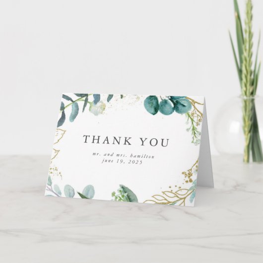 Blauwgroen Waterverf Botanisch groen bruiloft Bedankkaart (Voorkant)