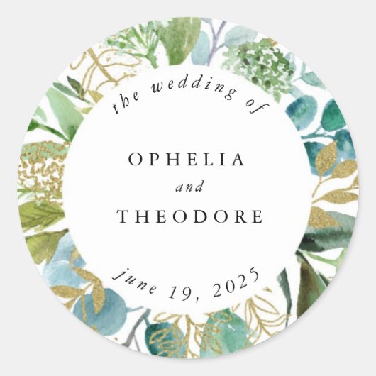 Blauwgroen Waterverf Botanische bruiloft gunst Dan Ronde Sticker (Voorkant)