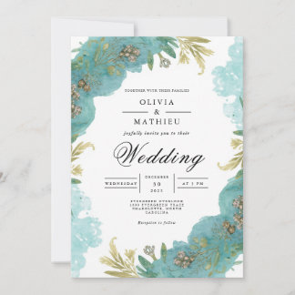 Blauwgroen Waterverf Botanische bruiloft Kaart