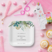 Blauwgroen Waterverf Botanische bruiloft Monogram Papieren Bordje (Feest)