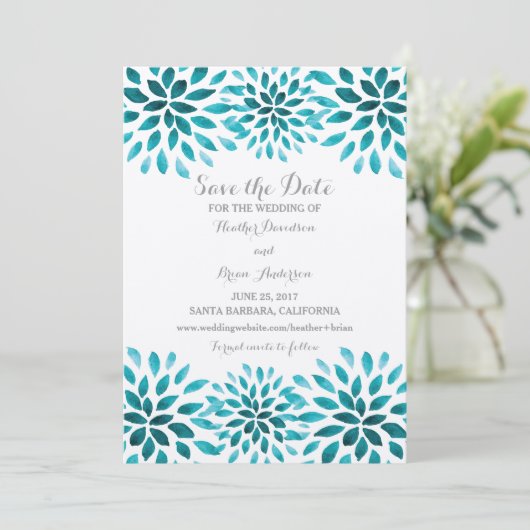 Blauwgroen Waterverf Chrysanthemum Opslaan Datum Save The Date (Staand voorkant)