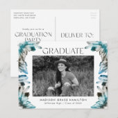 Blauwgroen Waterverf Crystal Photo Graduparty Uitnodiging Briefkaart (Voorkant / Achterkant)