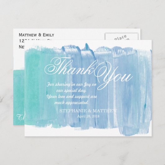  Blauwgroen Waterverf Dank u Briefkaarten (Voorkant / Achterkant)