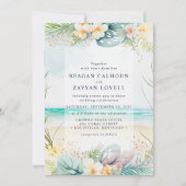 Blauwgroen Waterverf Floral Beach Wedding Kaart (Voorkant)
