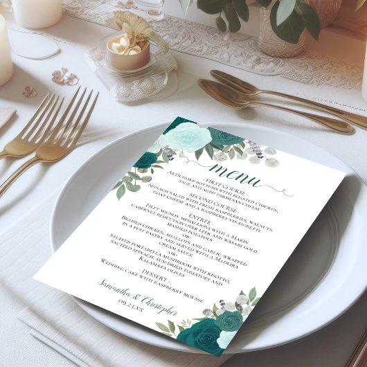Blauwgroen Waterverf Floral Elegant Boho Wedding Menu