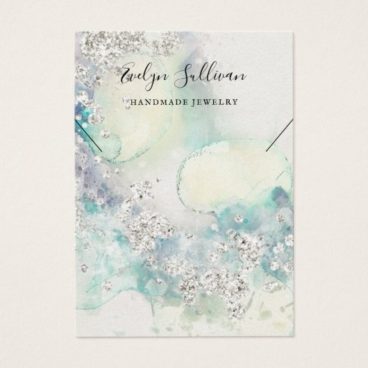 Blauwgroen waterverf glitter ketting display kaart (Voorkant)