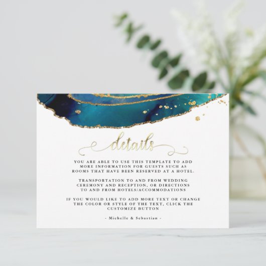 Blauwgroen Waterverf Gold Agate Wedding-kaart Informatiekaartje