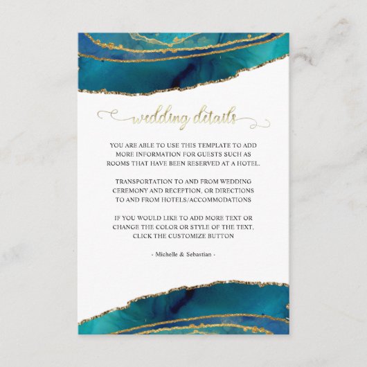 Blauwgroen Waterverf Gold Agate Wedding-kaart Informatiekaartje (Voorkant)