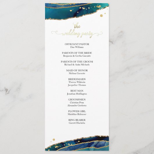 Blauwgroen Waterverf Gold Agate Wedding Programmakaart (Achterkant)