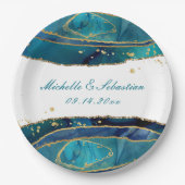 Blauwgroen Waterverf Gold Agate Wedding Reception Papieren Bordje (Voorkant)