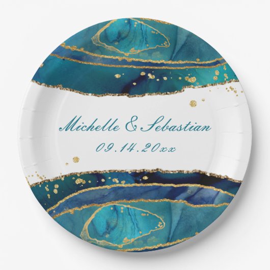 Blauwgroen Waterverf Gold Agate Wedding Reception Papieren Bordje (Voorkant)