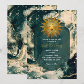 Blauwgroen Waterverf Gold Celestial Fiery Sun Wedd Kaart (Voorkant / Achterkant)