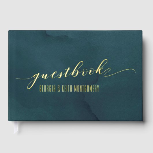 Blauwgroen Waterverf Gold Script Elegant Wedding Gastenboek (Voorkant)