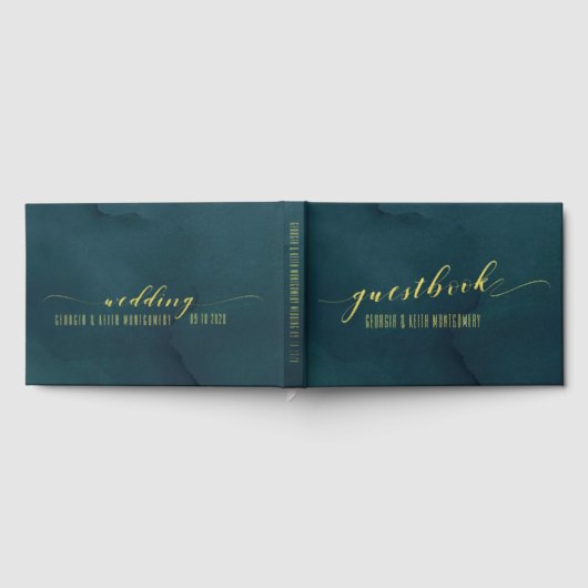Blauwgroen Waterverf Gold Script Elegant Wedding Gastenboek (Volledig)