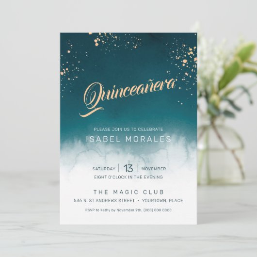 Blauwgroen Waterverf Golden Splatter Quinceanera P Kaart (Staand voorkant)