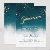 Blauwgroen Waterverf Golden Splatter Quinceanera P Kaart (Voorkant / Achterkant)