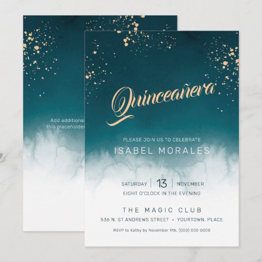 Blauwgroen Waterverf Golden Splatter Quinceanera P Kaart (Voorkant / Achterkant)