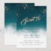 Blauwgroen Waterverf Golden Splatter Sweet 16 Part Kaart (Voorkant / Achterkant)