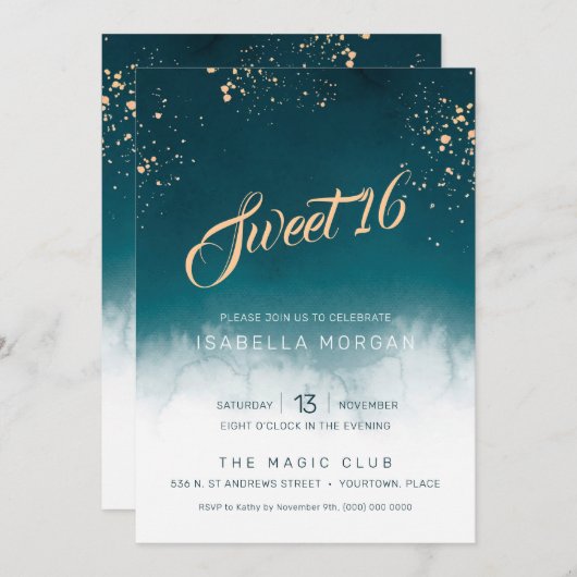 Blauwgroen Waterverf Golden Splatter Sweet 16 Part Kaart (Voorkant / Achterkant)