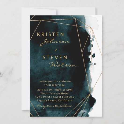 Blauwgroen Waterverf Goud Geometrisch Lijst Bruilo Kaart (Voorkant)