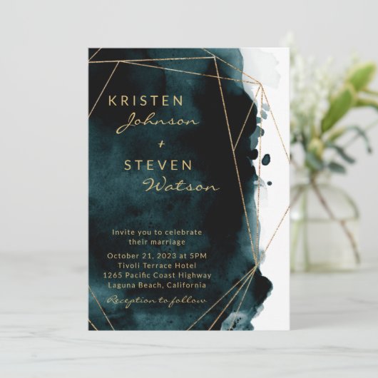 Blauwgroen Waterverf Goud Geometrisch Lijst Bruilo Kaart (Staand voorkant)