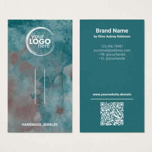 Blauwgroen Waterverf Haarklem Logo QRCode Display  Visitekaartje (Voorkant /achterkant)