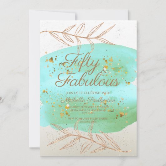 Blauwgroen Waterverf Ivory and Gold Dust 50th Birt Kaart (Voorkant)