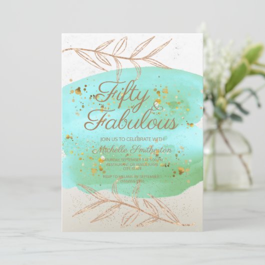Blauwgroen Waterverf Ivory and Gold Dust 50th Birt Kaart (Staand voorkant)