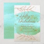 Blauwgroen Waterverf Ivory and Gold Dust 50th Birt Kaart (Voorkant / Achterkant)