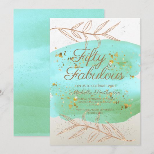 Blauwgroen Waterverf Ivory and Gold Dust 50th Birt Kaart (Voorkant / Achterkant)