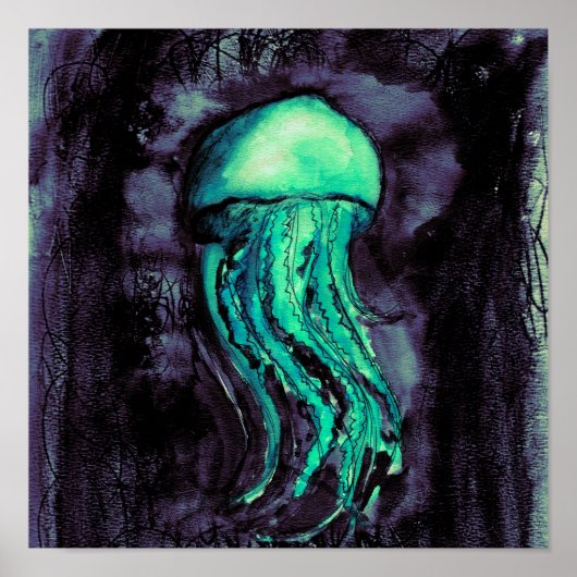 Blauwgroen Waterverf kwallen Poster (Voorkant)