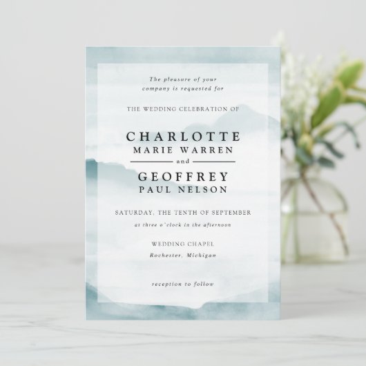 Blauwgroen waterverf misy landscape bruiloft-uitno kaart (Staand voorkant)