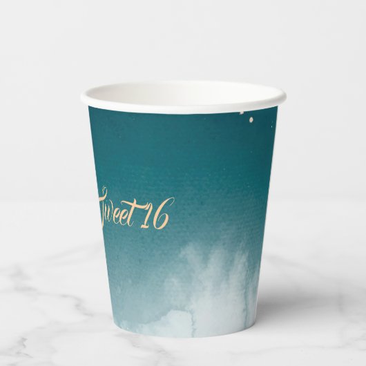 Blauwgroen Waterverf Ombre Sweet 16 Papieren Bekers (Achterkant)