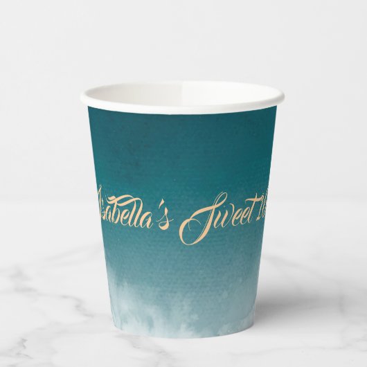 Blauwgroen Waterverf Ombre Sweet 16 Papieren Bekers (Links)