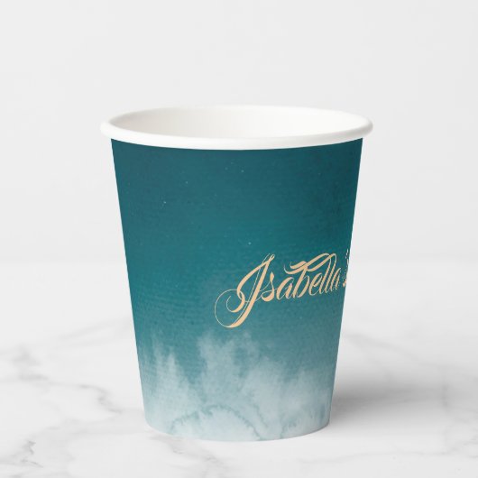 Blauwgroen Waterverf Ombre Sweet 16 Papieren Bekers (Voorkant)